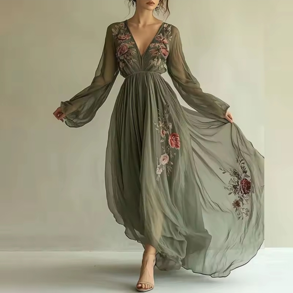 Woman Clothing Floral Print Long Dresses Sexy VNeck High Waist Hollow Party Dre - Picture 1 of 7